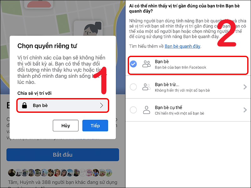 Chọn đối tượng muốn chia sẻ vị trí trên Facebook